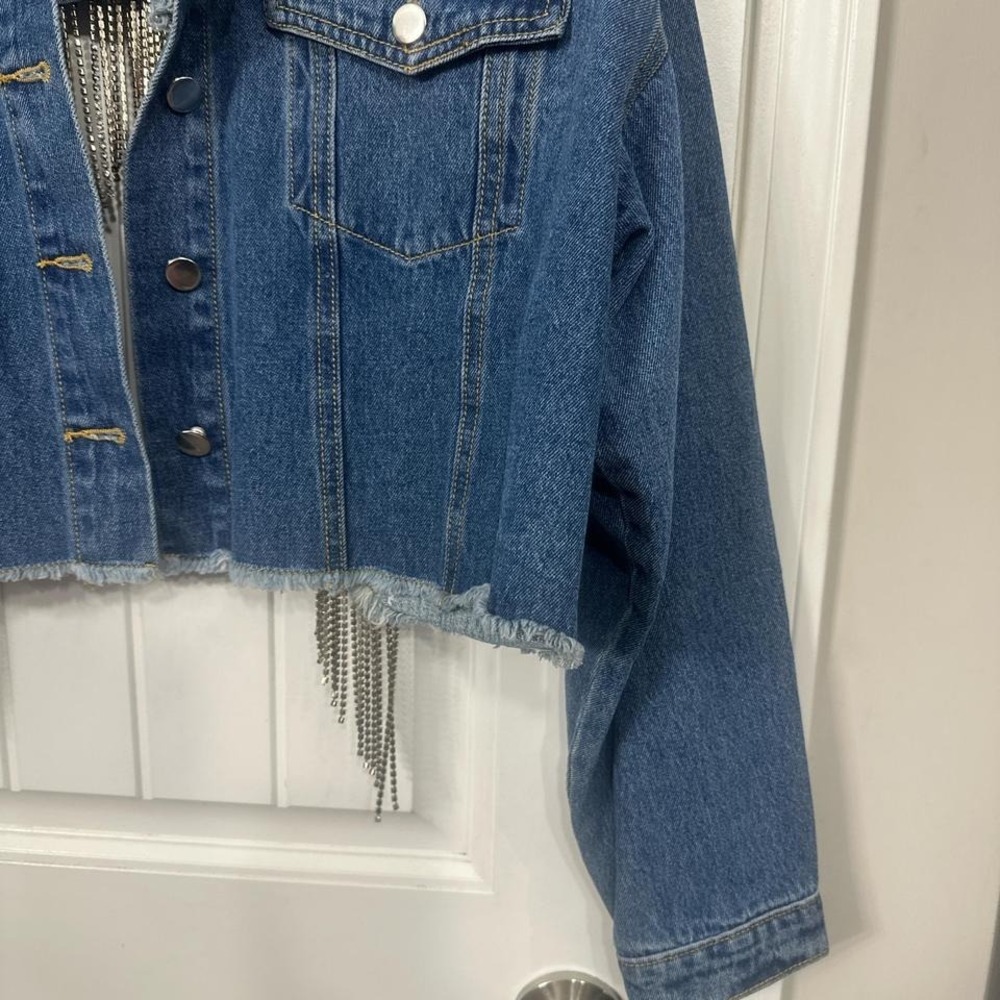 One of a kind statement cropped upcycled western disco denim jacket. Large - Picture 6 of 8